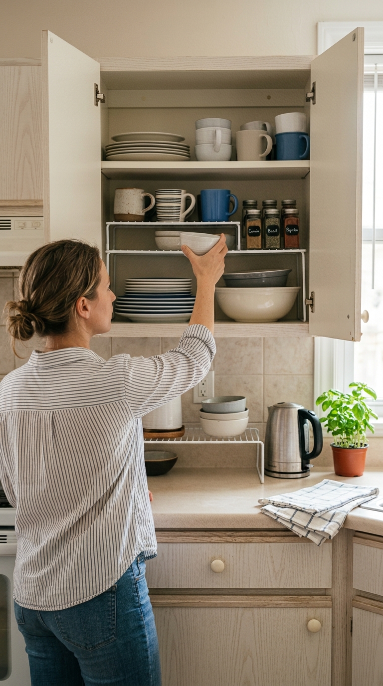 Woman placing bowls on a shelf riser inside a small apartment kitchen cabinet to double vertical storage space