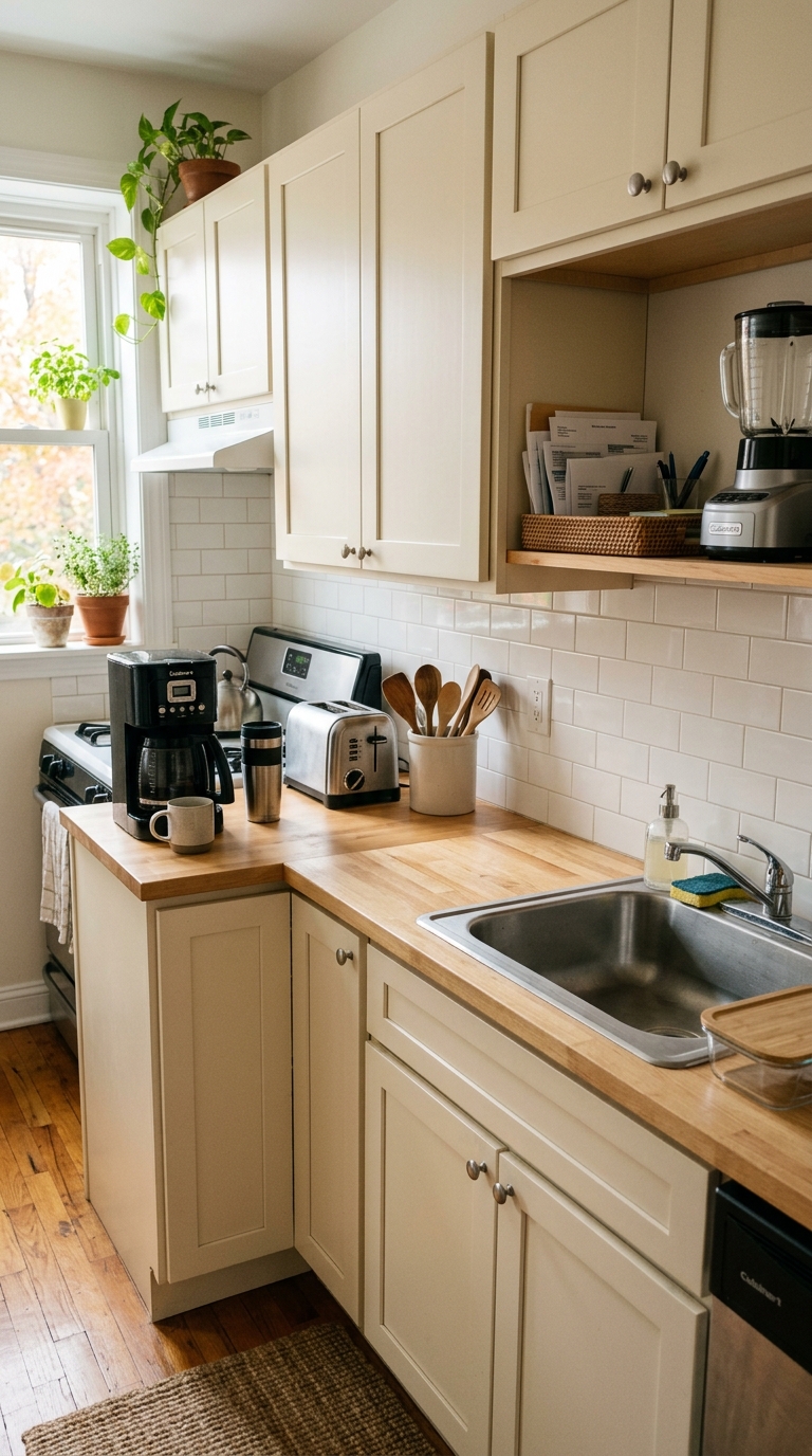 Small apartment kitchen with a clear counter and organized everyday appliances.