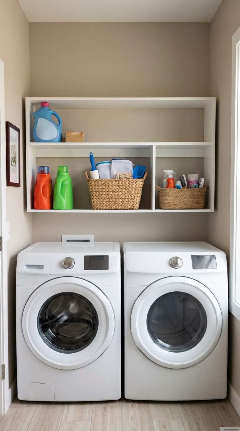 Small laundry room organization ideas using baskets to group laundry tools and supplies on an open shelf.
