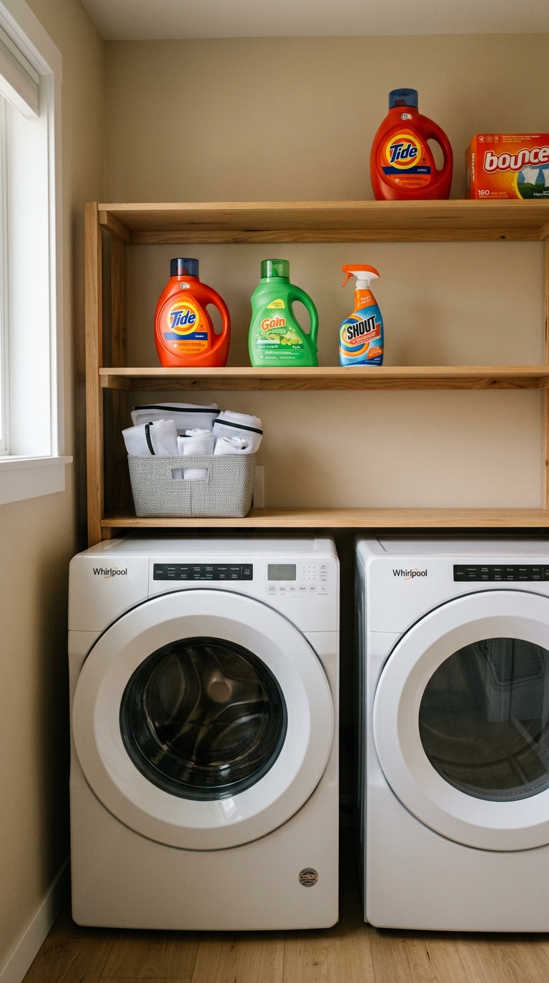 Small laundry room organization ideas with everyday detergent kept within easy reach on a shelf.