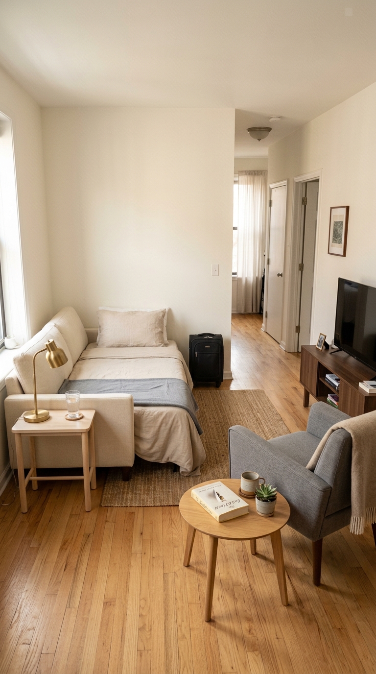 Small apartment living room with an open guest bed along one wall while leaving everyday armchairs and living space functional
