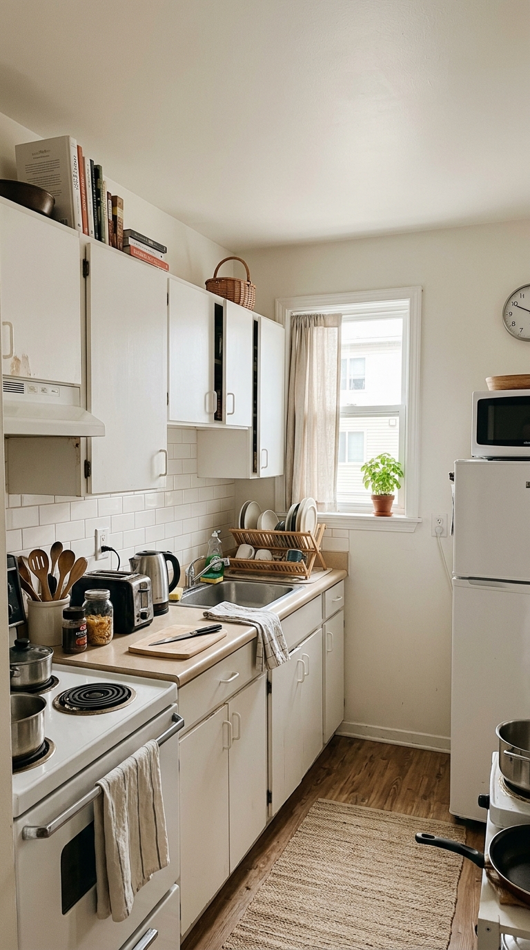 Small rental apartment kitchen with cluttered countertops and limited white cabinets needing organization