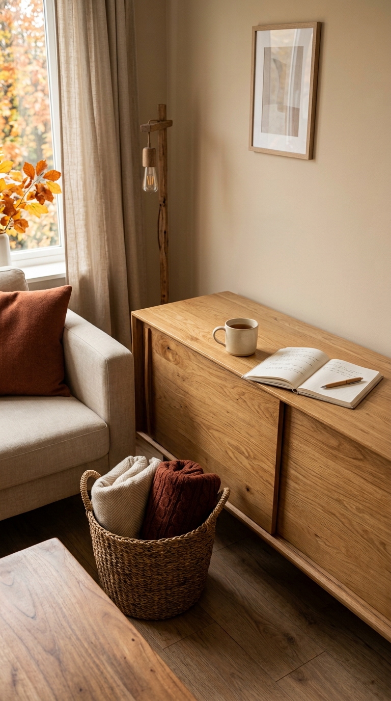 Decluttered apartment living room featuring a clear wooden credenza and a woven basket for blankets to prepare for fall routines.