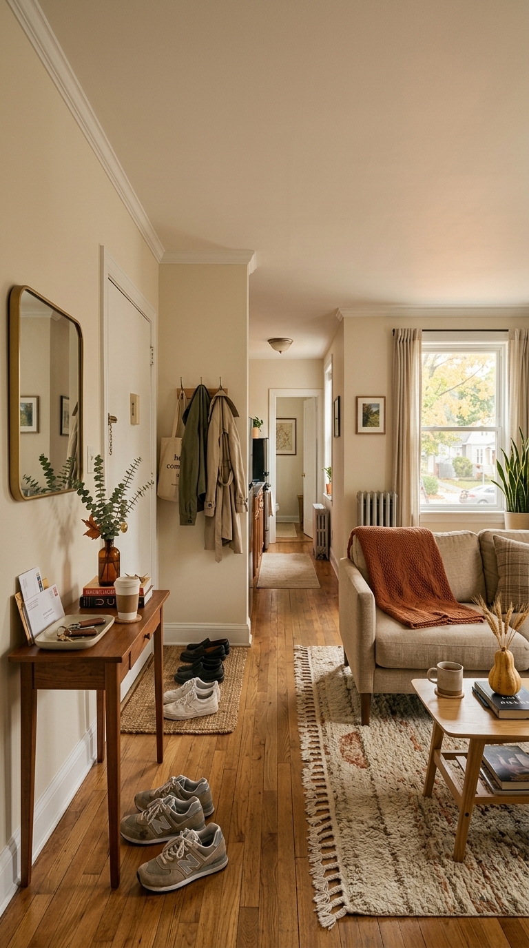 Small space fall home reset in a cozy apartment living room and entryway