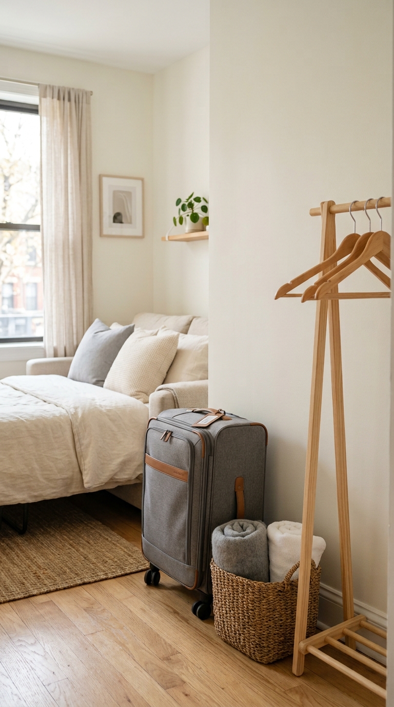 Dedicated guest storage area in a small room featuring an upright suitcase, a slim wooden coat rack with hangers, and a woven storage basket