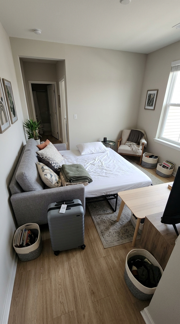 An interior photograph showing common small-home hosting mistakes: an open bed blocking a doorway pathway, a suitcase left in a walkway, and cluttered surfaces