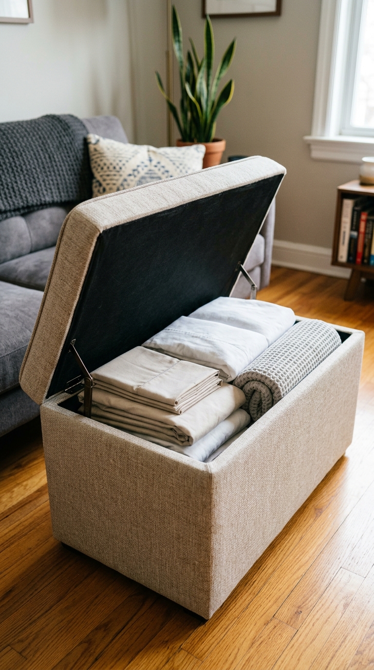 Open upholstered storage ottoman in a small living room holding folded guest sheets, pillowcases, and an extra blanket