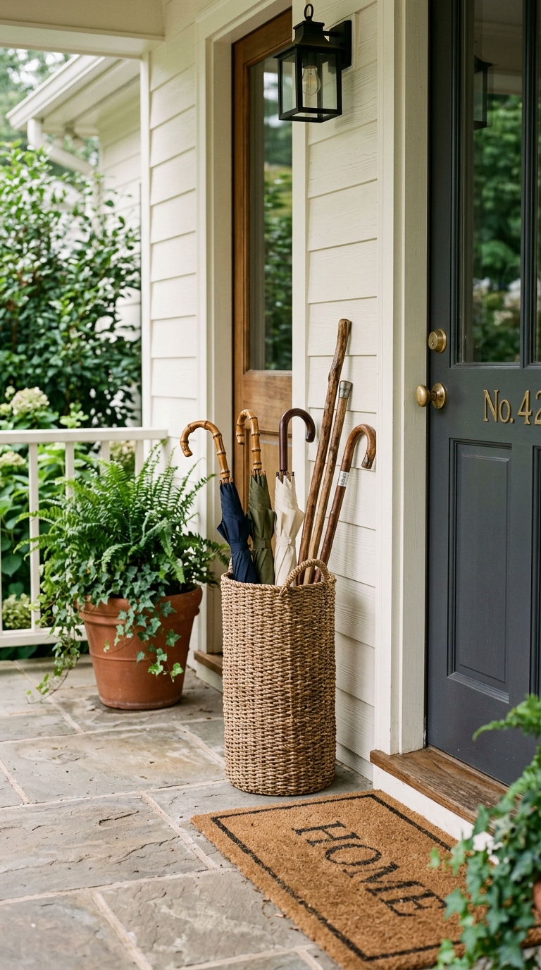 A tall narrow woven seagrass storage basket used as an umbrella holder infront of an affordable summer front porch decor