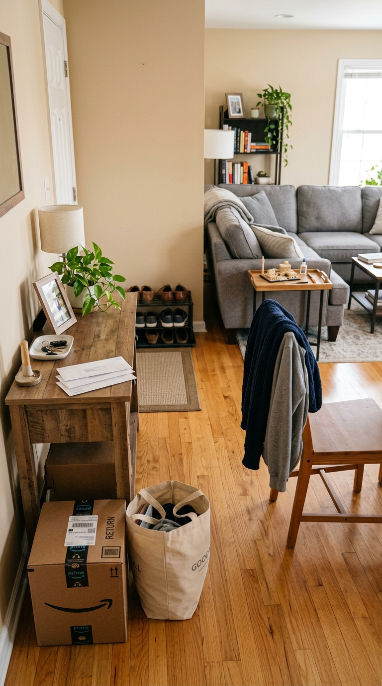 Entryway console table with mail, paperwork, an Amazon return box, and a jacket showing why a home can feel cluttered