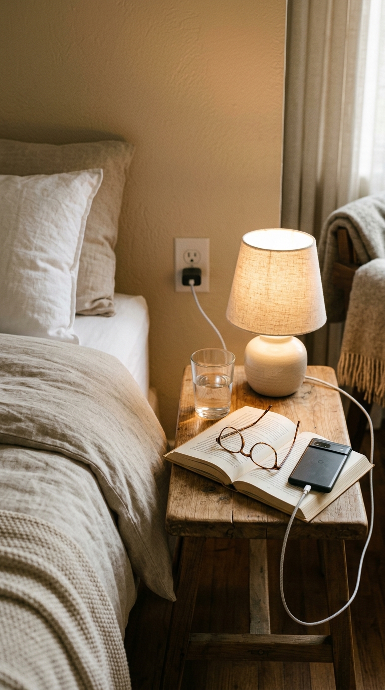 Close-up of a small wooden stool used as a temporary guest nightstand holding a lamp, phone on a charger, reading glasses, and a book beside a converted sofa bed