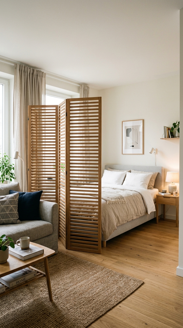 Compact living room featuring a slatted wooden folding screen separating a cozy daybed from the daytime seating area