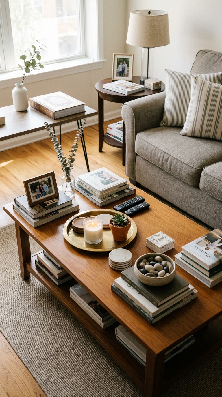 Neatly styled coffee table and side tables crowded with decorative books, framed photos, coasters, and candles creating visual clutter