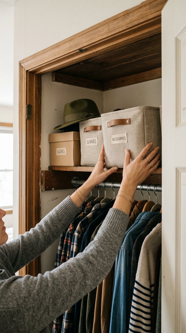Hands placing a labeled fabric bin for scarves and accessories onto the top shelf of a reach-in closet.