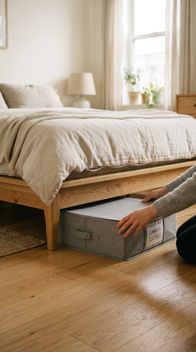 Hands sliding a gray zippered under-bed storage container labeled Summer Clothes beneath a wooden bed frame.