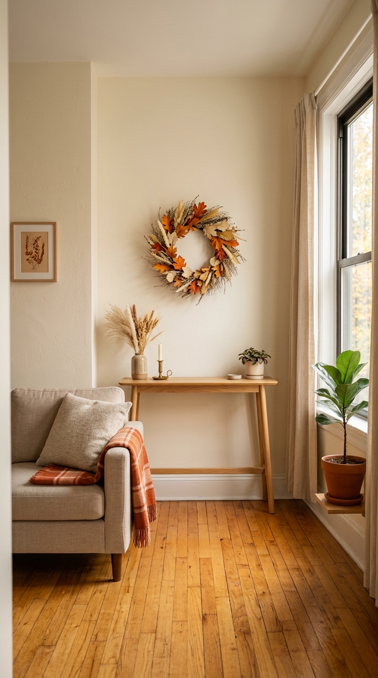 Small living room using vertical space for fall decor without clutter.