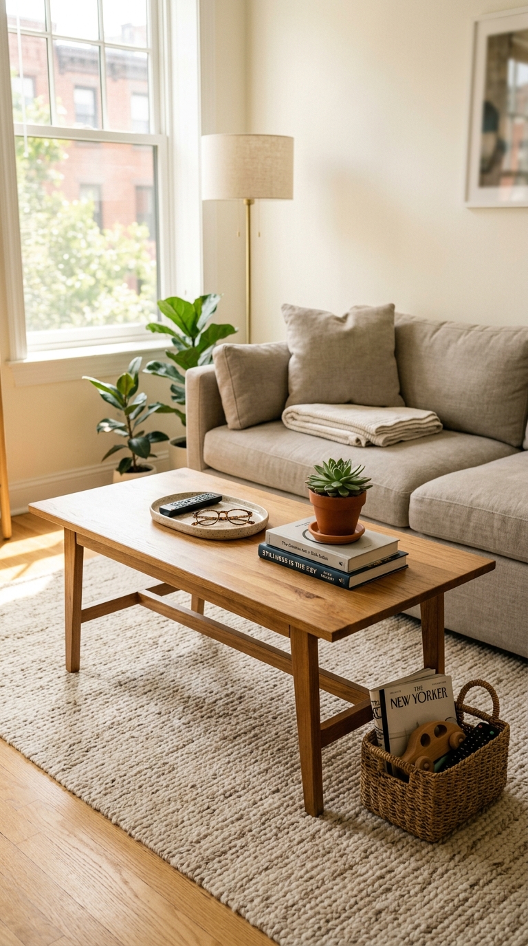 Living room with a simplified wooden coffee table, neutral sofa, and storage basket showing a practical visual reset