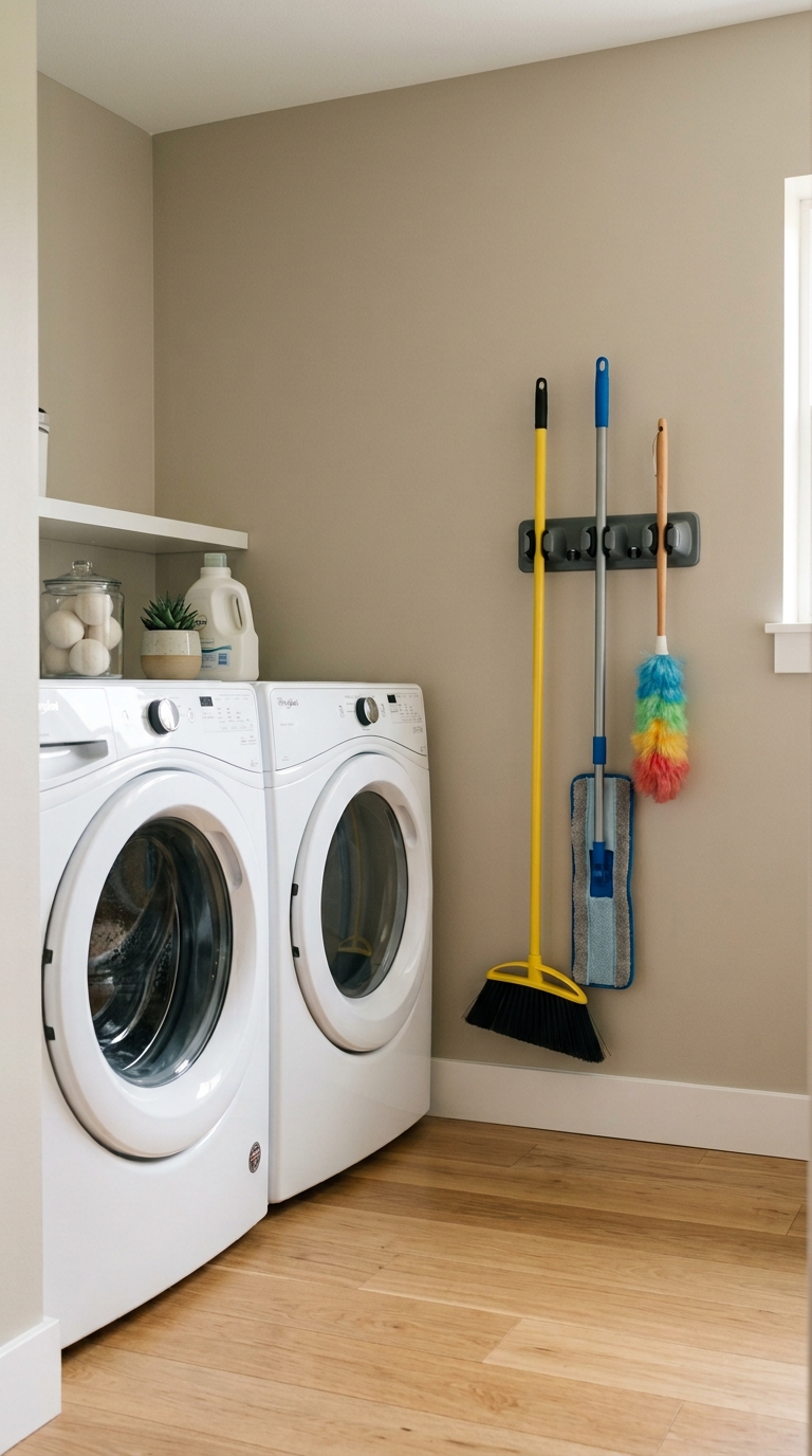 Wall-mounted gripper rack in a small laundry room holding a broom, flat mop, and duster off the floor beside a washer and dryer.