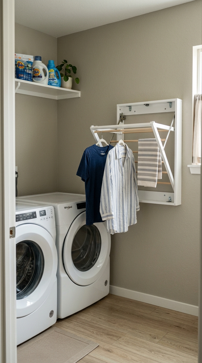 Small laundry room with a wall-mounted fold-down drying rack beside the washer and dryer.