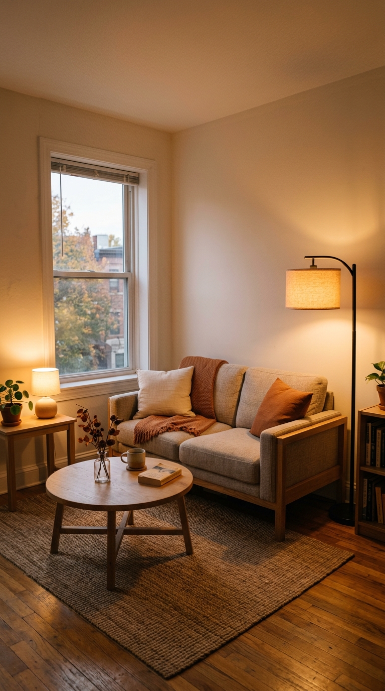 Compact living room at dusk softly lit by a warm floor lamp and table lamp without overhead lighting