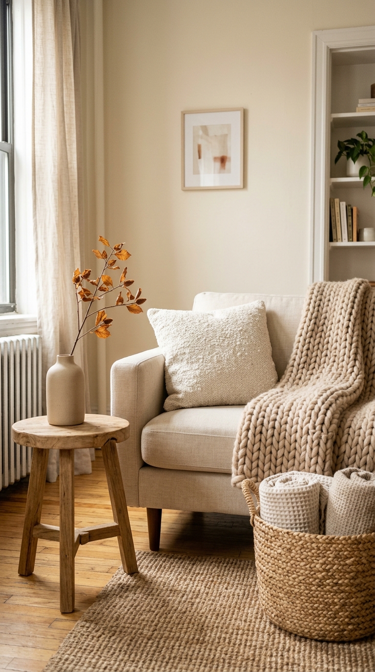 Cozy small living room with fall textures and soft autumn colors